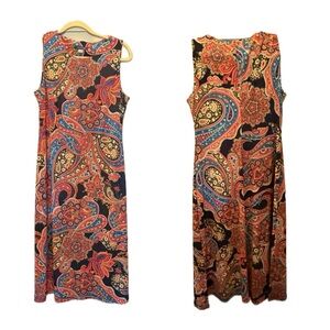 Sleeveless Paisley Midi Dress - Navy with Coral & Blue